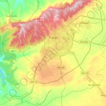 Mapa topográfico Tiaret, altitud, relieve
