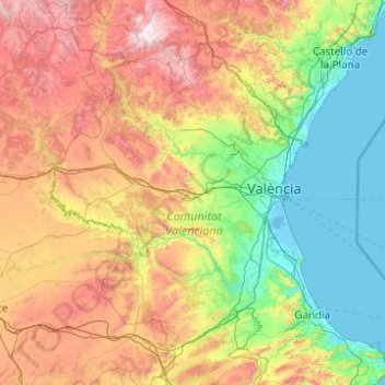 Mapa topográfico Valencia, altitud, relieve