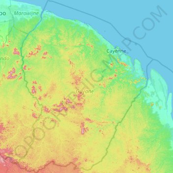 Mapa topográfico Guiana Francesa, altitud, relieve