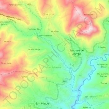 Mapa topográfico San Sebastián, altitud, relieve