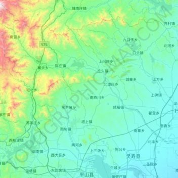 Mapa topográfico Lingshou County, altitud, relieve