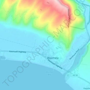 Mapa topográfico Waimea, altitud, relieve