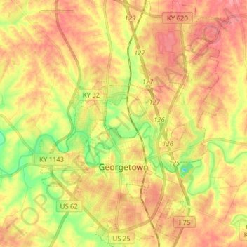 Mapa topográfico Georgetown, altitud, relieve