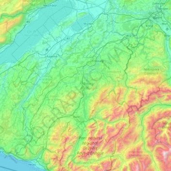 Mapa topográfico Fribourg, altitud, relieve