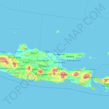 Mapa topográfico Jawa Timur, altitud, relieve