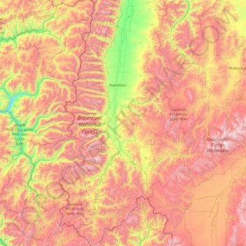 Mapa topográfico Ravalli County, altitud, relieve