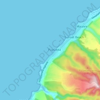 Mapa topográfico Pupukea, altitud, relieve