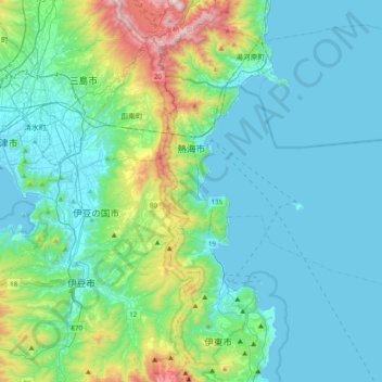 Mapa topográfico Atami, altitud, relieve