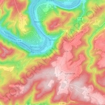 Mapa topográfico Senheim, altitud, relieve