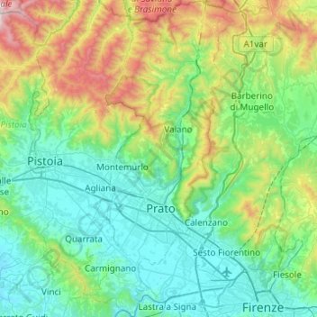 Mapa topográfico Prato, altitud, relieve