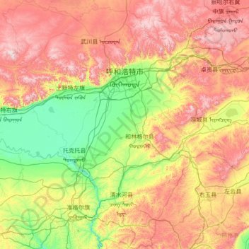 Mapa topográfico Hohhot City, altitud, relieve