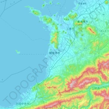 Mapa topográfico Kanonji, altitud, relieve
