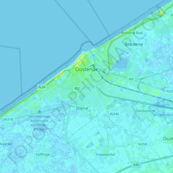 Mapa topográfico Oostende, altitud, relieve