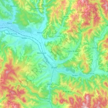 Mapa topográfico Brad, altitud, relieve