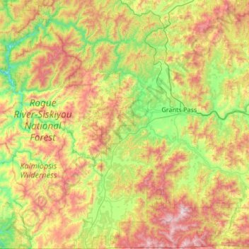 Mapa topográfico Josephine County, altitud, relieve