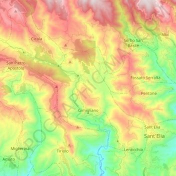 Mapa topográfico Gimigliano, altitud, relieve