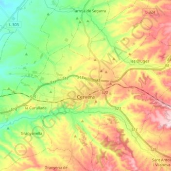 Mapa topográfico Cervera, altitud, relieve