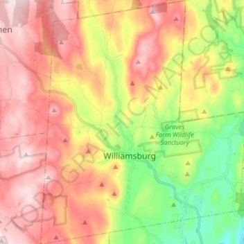 Mapa topográfico Williamsburg, altitud, relieve