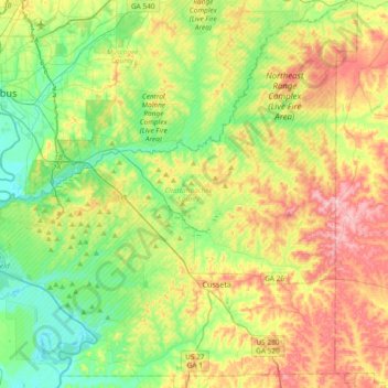 Mapa topográfico Chattahoochee County, altitud, relieve