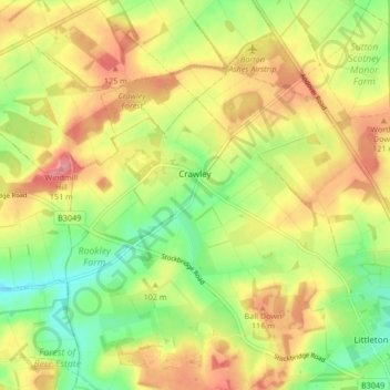 Mapa topográfico Crawley, altitud, relieve