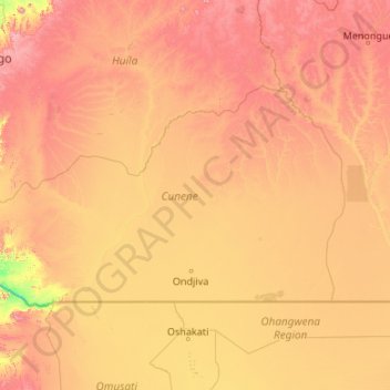 Mapa topográfico Cunene, altitud, relieve