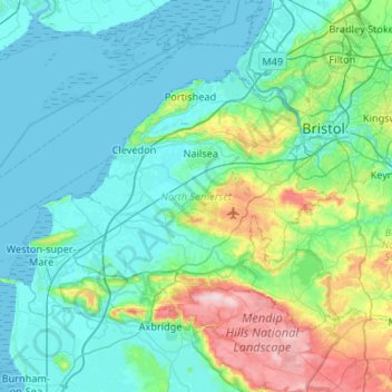 Mapa topográfico North Somerset, altitud, relieve