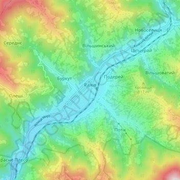 Mapa topográfico Rakhiv, altitud, relieve