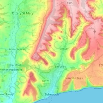 Mapa topográfico Sidmouth, altitud, relieve