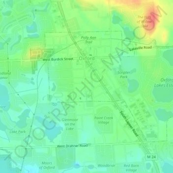 Mapa topográfico Oxford, altitud, relieve