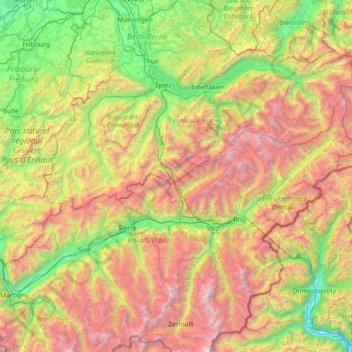 Mapa topográfico Bernese Alps, altitud, relieve