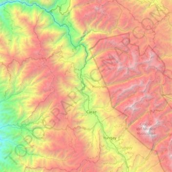 Mapa topográfico Huaylas, altitud, relieve