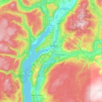 Mapa topográfico Bande Indienne d'Okanagan, altitud, relieve