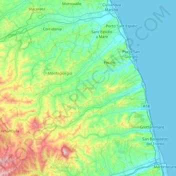 Mapa topográfico Fermo, altitud, relieve