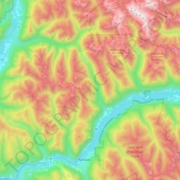 Mapa topográfico Area F (Kokanee Range), altitud, relieve