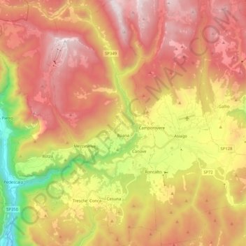 Mapa topográfico Roana, altitud, relieve