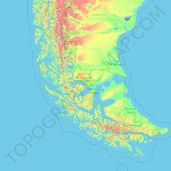 Mapa topográfico XII Region of Magallanes and Chilean Antarctica, altitud, relieve