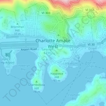 Mapa topográfico Charlotte Amalie West, altitud, relieve