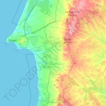 Mapa topográfico Sines, altitud, relieve