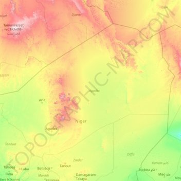 Mapa topográfico Región de Agadez, altitud, relieve