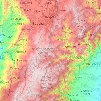 Mapa topográfico Bogotá, Distrito Capital, altitud, relieve