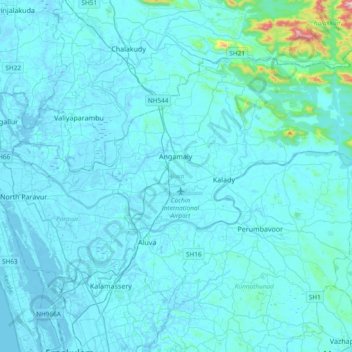 Mapa topográfico Aluva, altitud, relieve