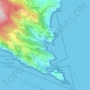 Mapa topográfico Portofino, altitud, relieve