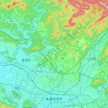 Mapa topográfico 美濃加茂市, altitud, relieve