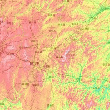 Mapa topográfico Qiandongnan Miao and Dong Autonomous Prefecture, altitud, relieve