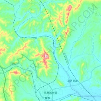 Mapa topográfico Fenghuangcheng Subdistrict, altitud, relieve