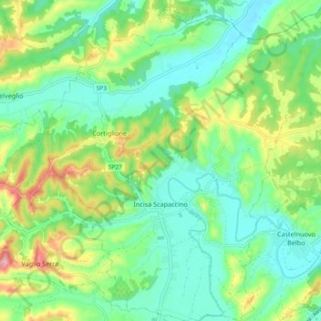 Mapa topográfico Incisa Scapaccino, altitud, relieve