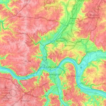 Mapa topográfico Cincinnati, altitud, relieve