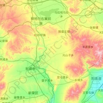 Mapa topográfico 丰镇市, altitud, relieve