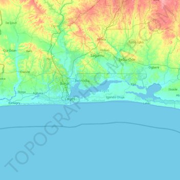 Mapa topográfico Estado de Lagos, altitud, relieve