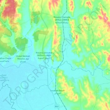 Mapa topográfico Rissana Janoubia, altitud, relieve